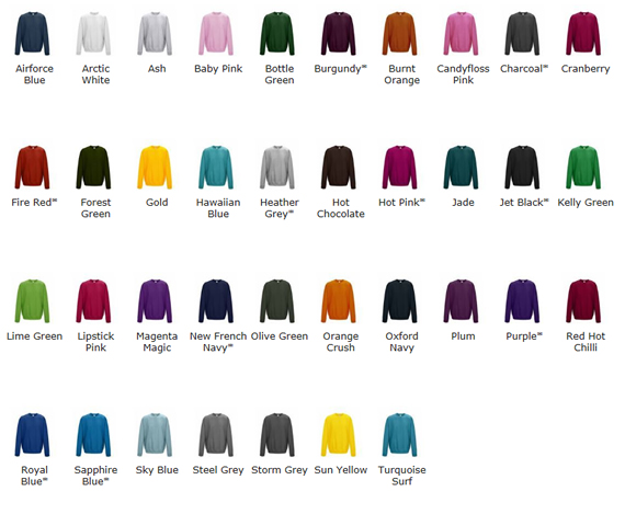 Sweatshirt Colour Chart